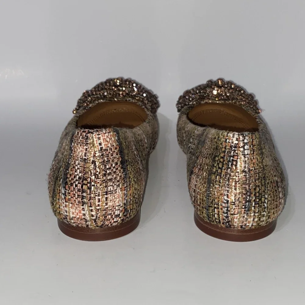 Tory Burch Crystal Bow Pink Tweed Ballet Flats Rose Gold Bronze Women's 5 $328